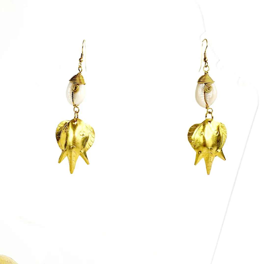 Elegant handmade African Brass Elephant earrings with cowries image indicator(2)