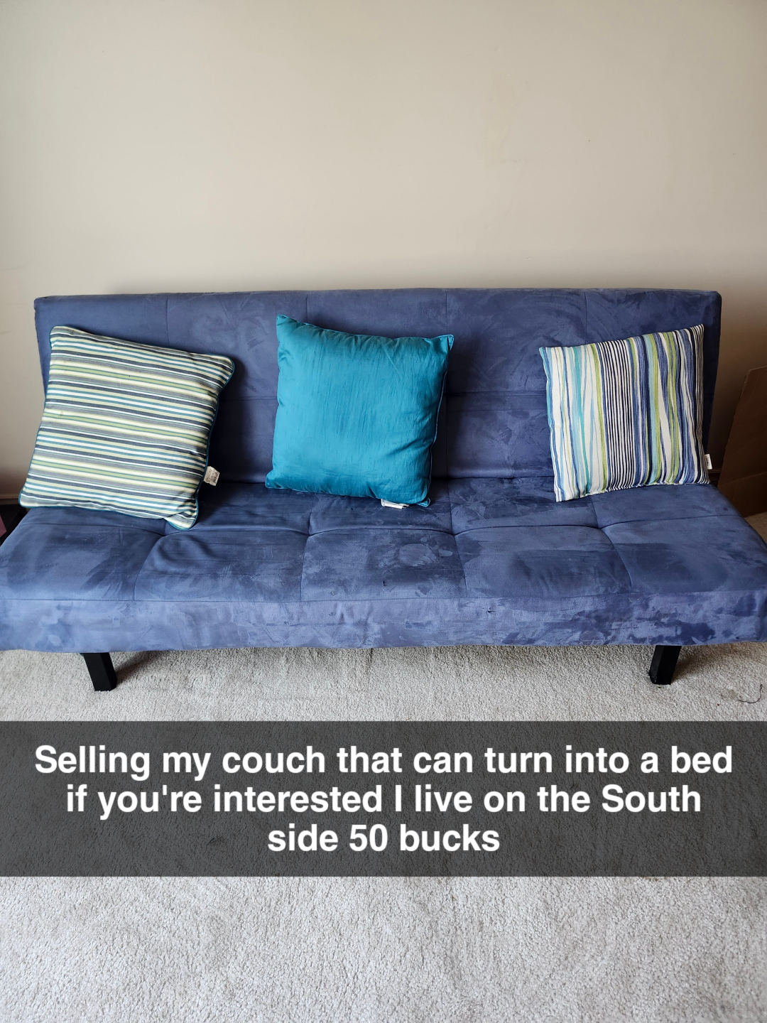 Blue couch. turns flat into a bed