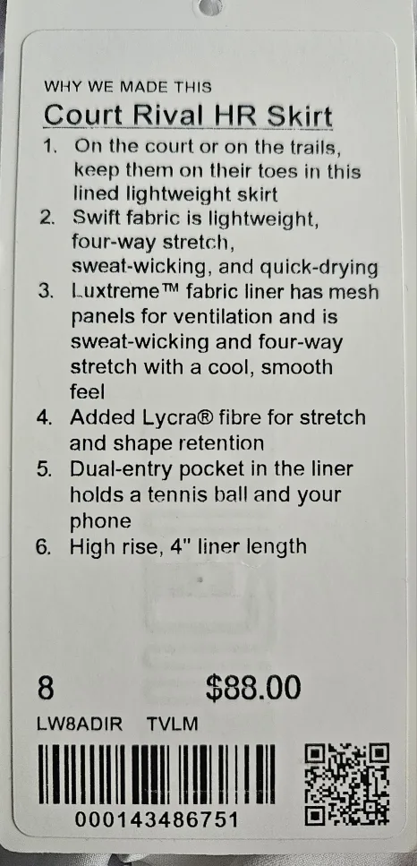 Brand New Lululemon Court Rival HR Skirt-Size 8 image indicator(3)