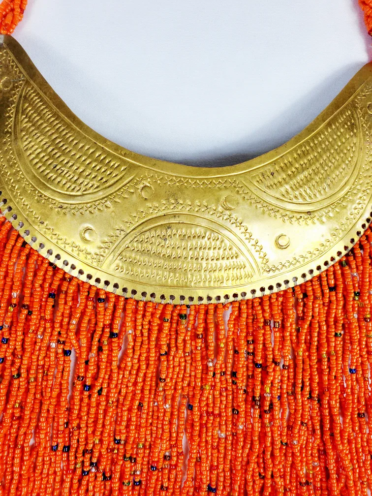 African brass necklace with orange Hand-beaded fringes thumbnail