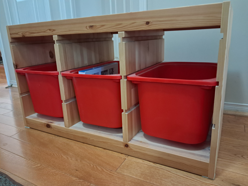 Wooden Storage Shelf with Red Bins - photo 3