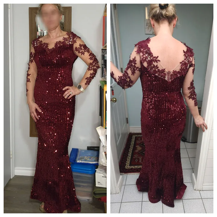 Burgundy Sequin Gown with Lace Sleeves thumbnail