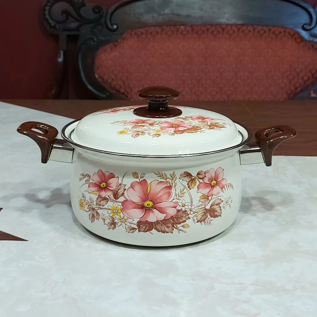 vintage floral enamel cookware pot with lid 🍲 thumbnail