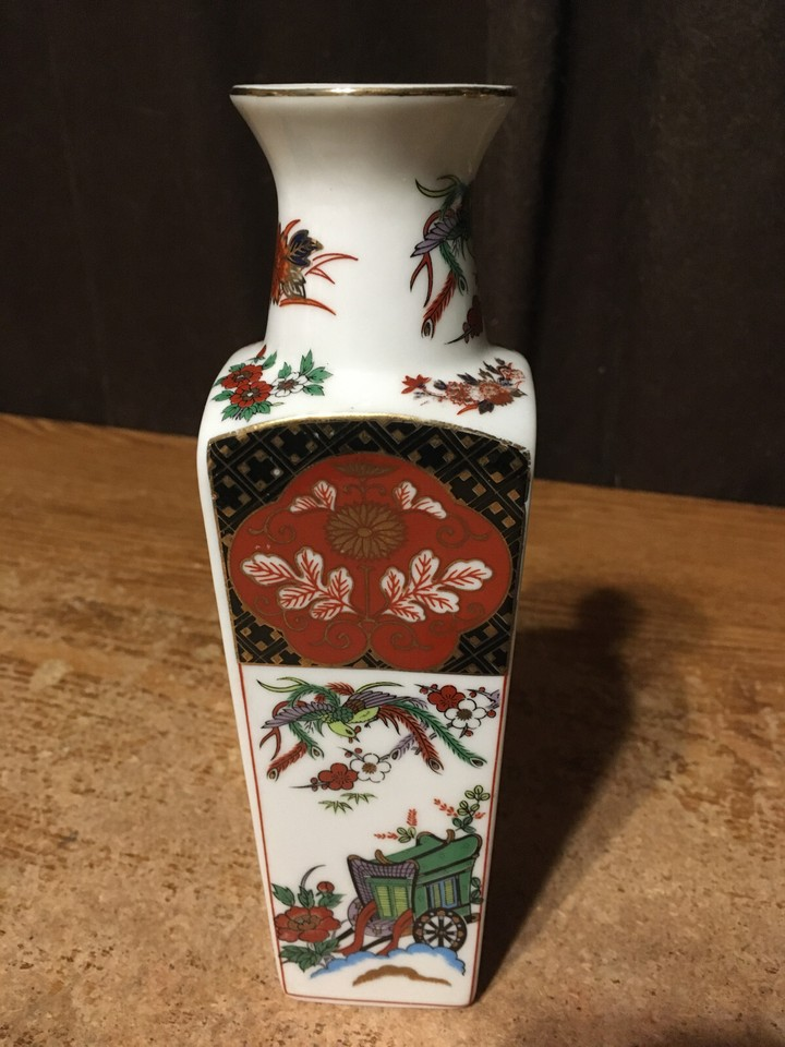 Decorative Japanese White Floral Vase bird wagon stage coach 8" - photo 3