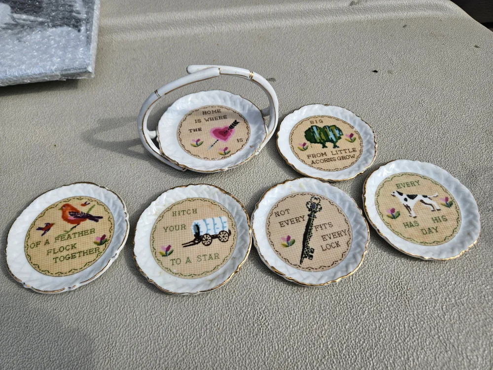 Vintage Japan Set of Decorative ceramic Coasters with Holder thumbnail
