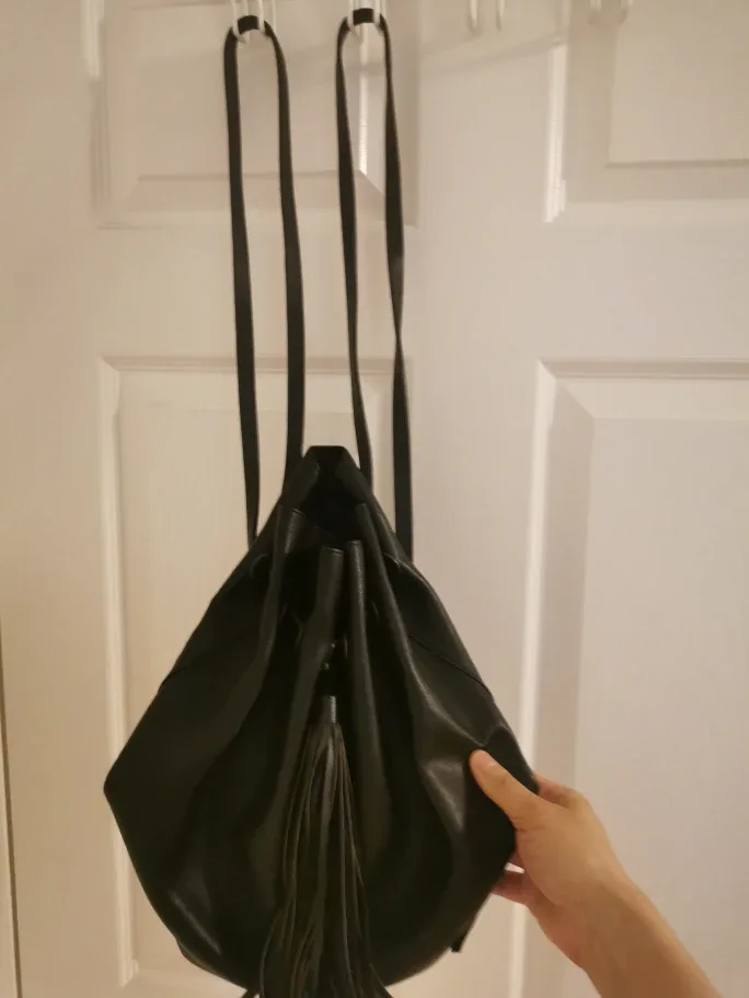 Black Leather Tassel Drawstring Backpack image indicator(4)