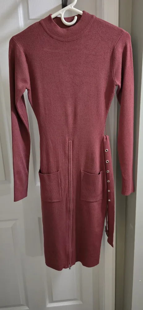 Dusty Rose Knit Dress with buttons, front bottom zipper & Belt thumbnail