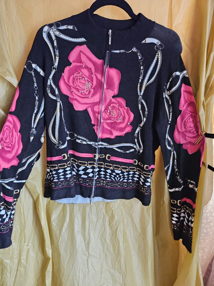 Rose Print Zip-Up Sweater - Size large thumbnail