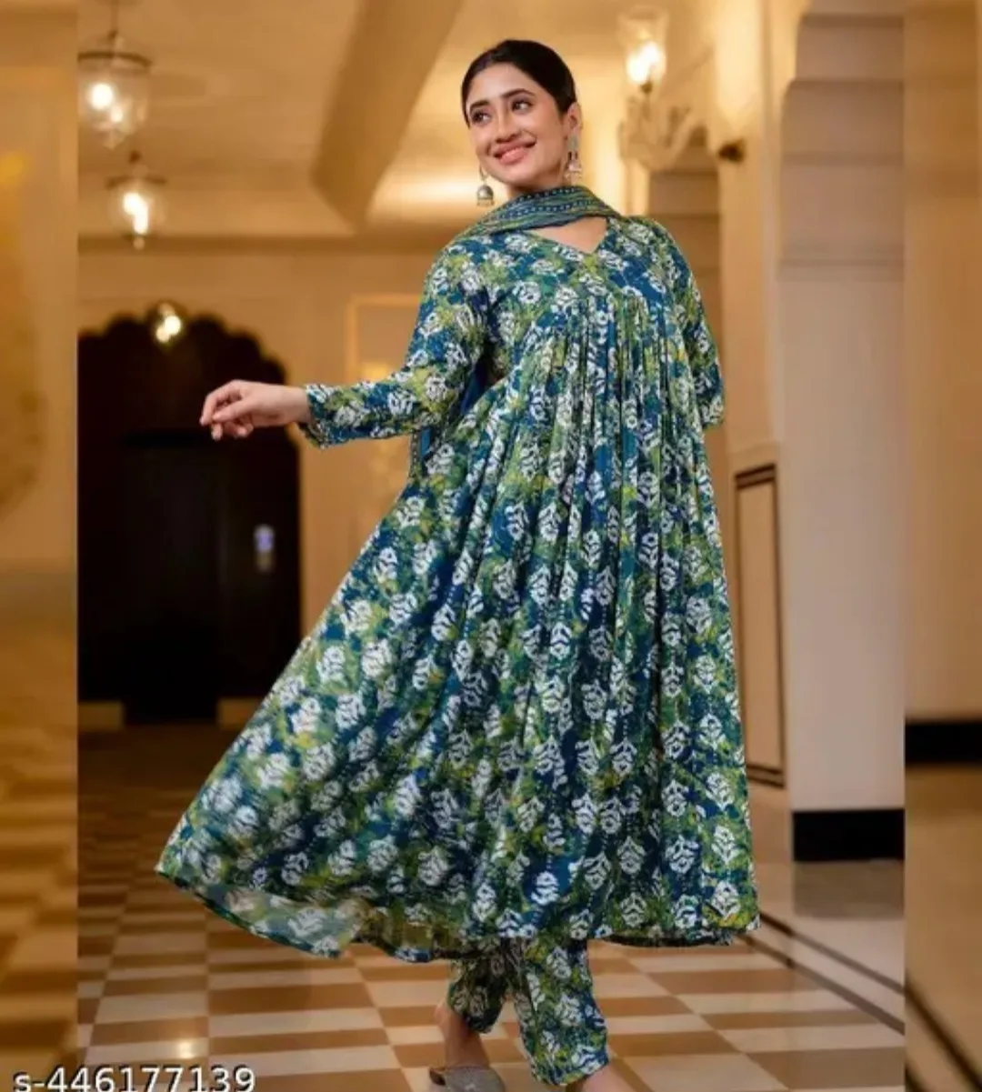 Blue Floral Print Anarkali Kurti with Dupatta & Pants thumbnail