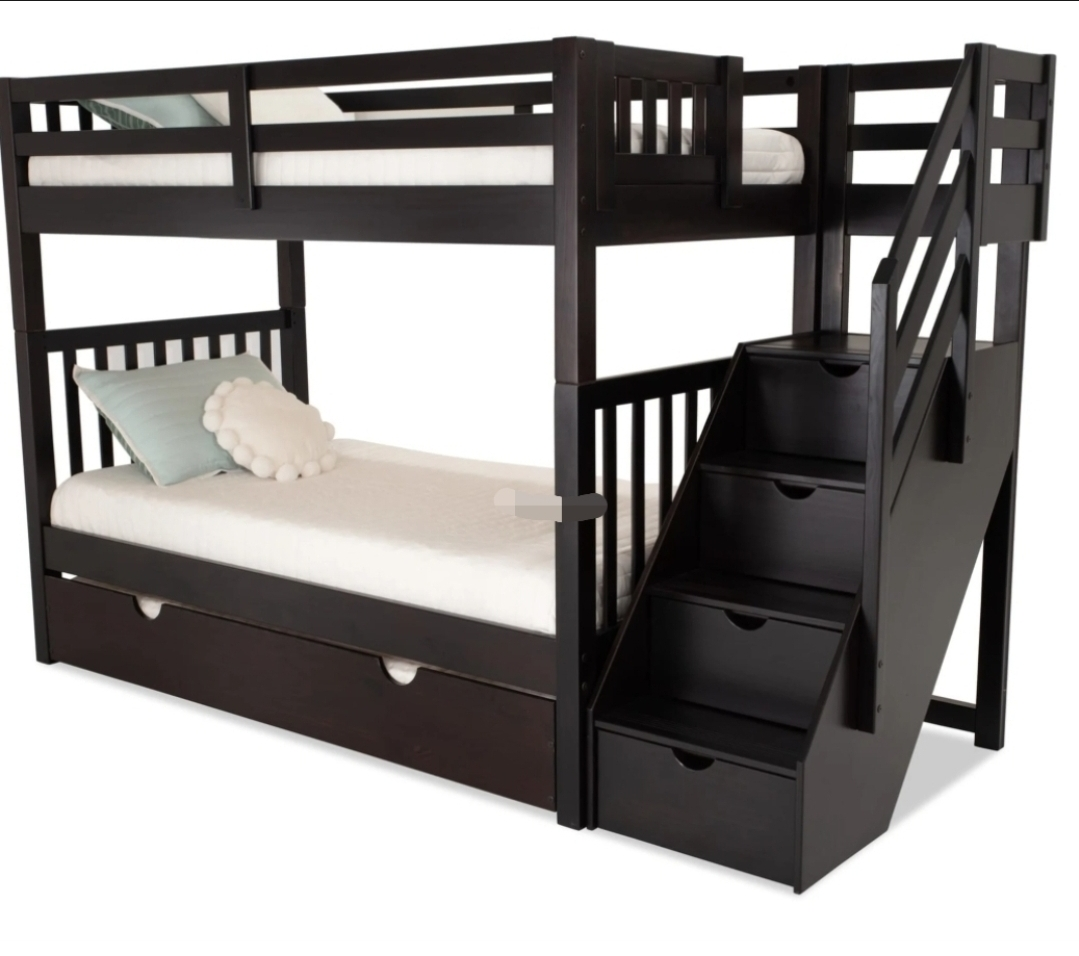 Dark Brown Bunk Bed with Staircase and Dresser