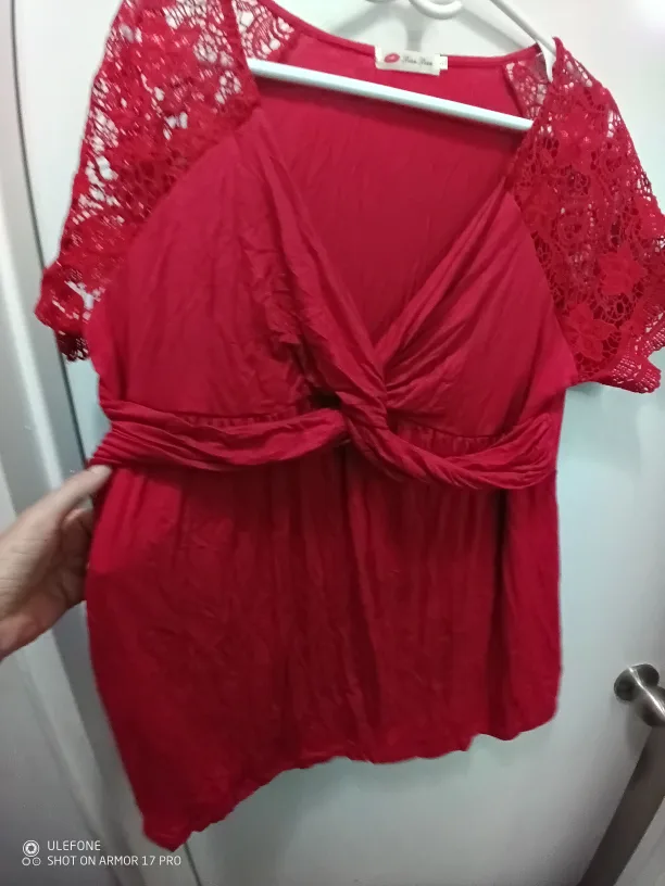 Red Women's Top with Lace Sleeves image indicator(2)