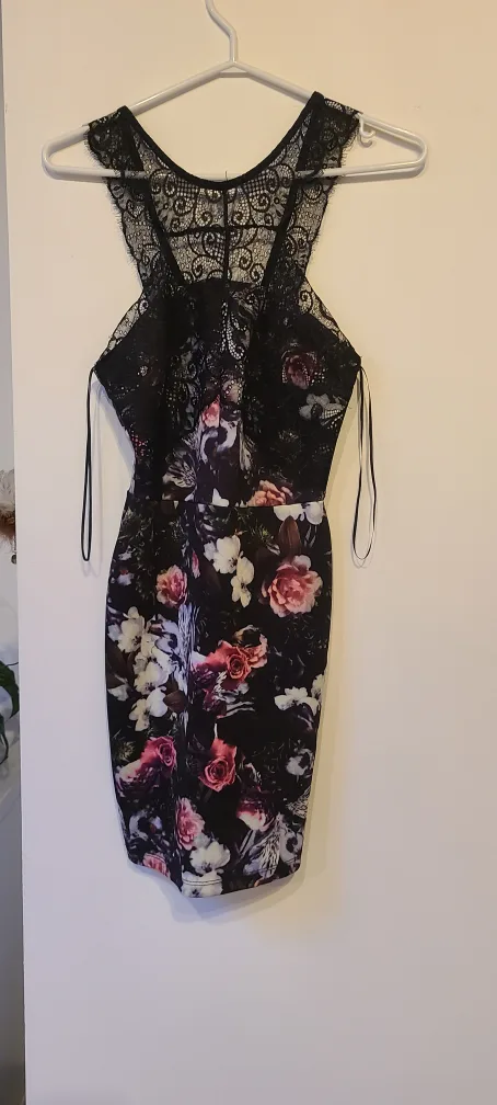 Floral Print Mini Dress with Lace Detail thumbnail