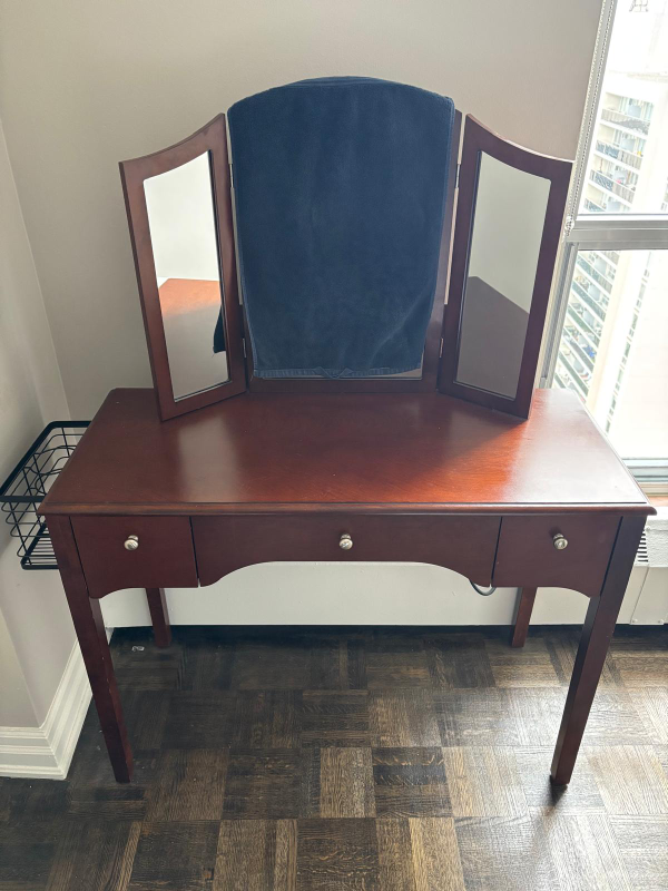 Wooden Vanity with Tri-Fold Mirror