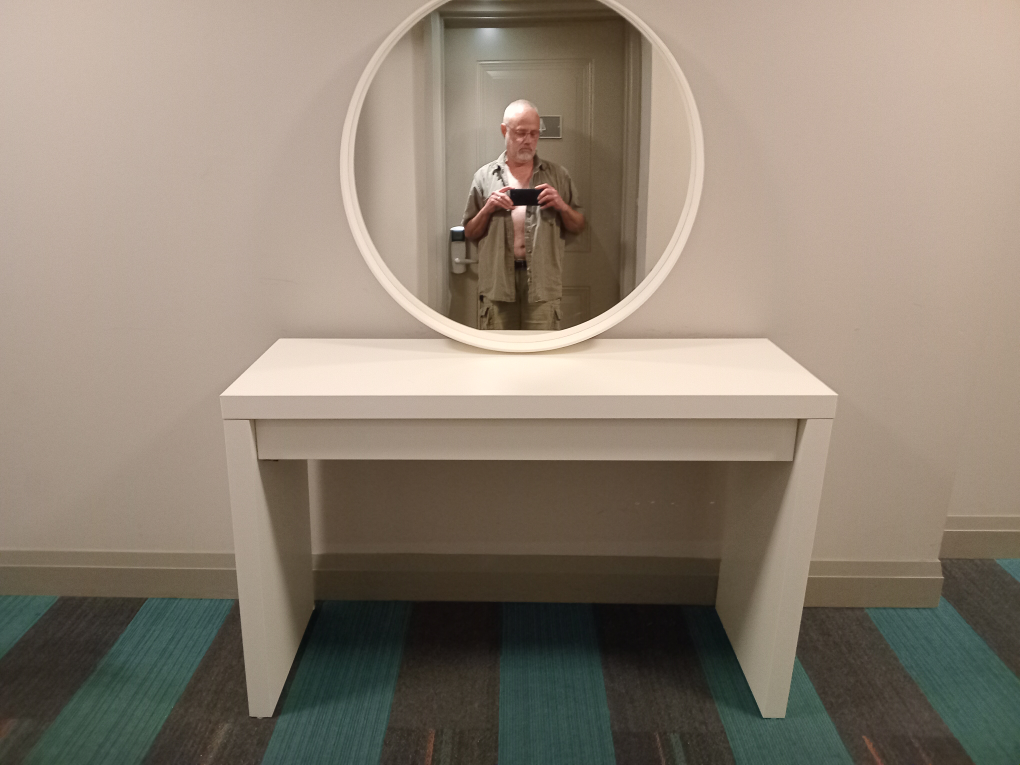 White Vanity Desk with Round Mirror