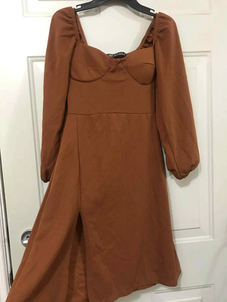 Zara Brown Long Sleeve Mini Dress - Size Small thumbnail