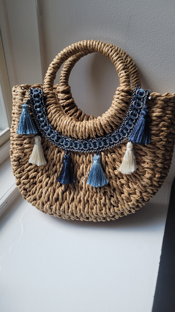 Woven Straw Handbag with Tassels - photo 2