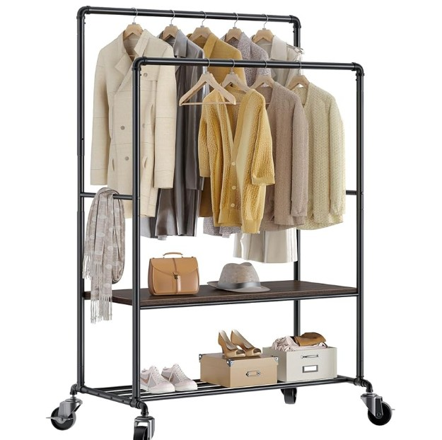 Rolling Double Rod Clothes Rack with Shelves - photo 3