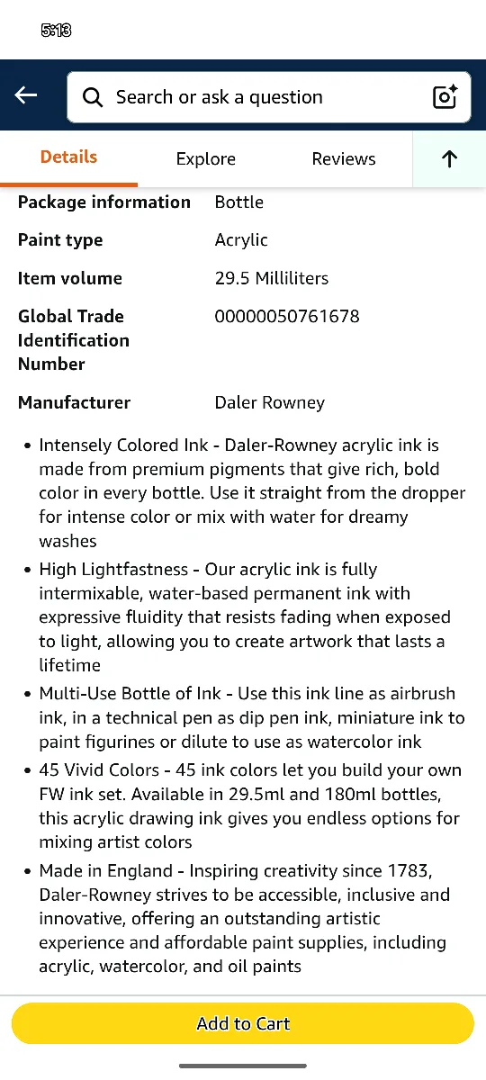 Set of 5 Daler-Rowney Acrylic Ink image indicator(5)