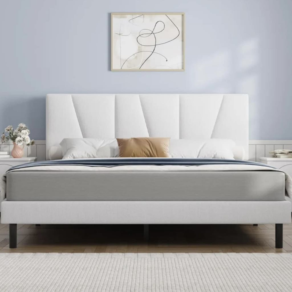 Queen Size Bed Frame with Headboard, White
