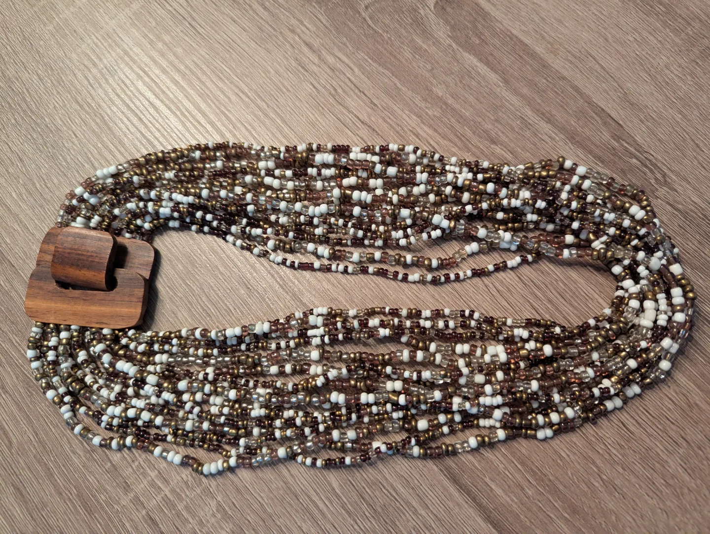 Beaded necklace with wood clasp thumbnail