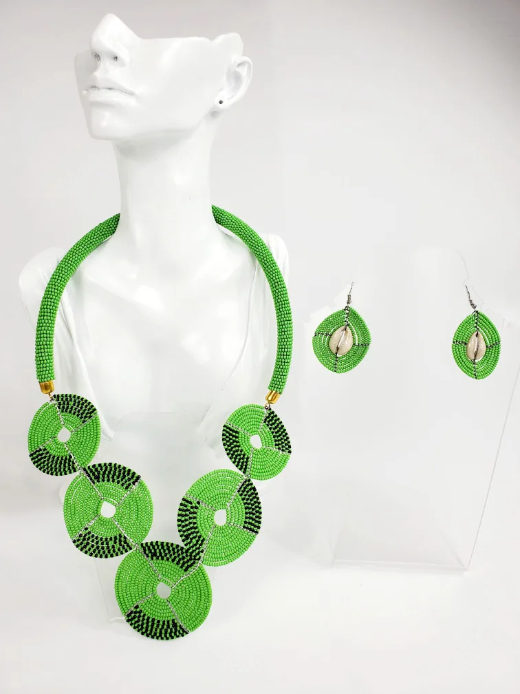 African Neon Green Hand-beaded Necklace and Earrings Set thumbnail