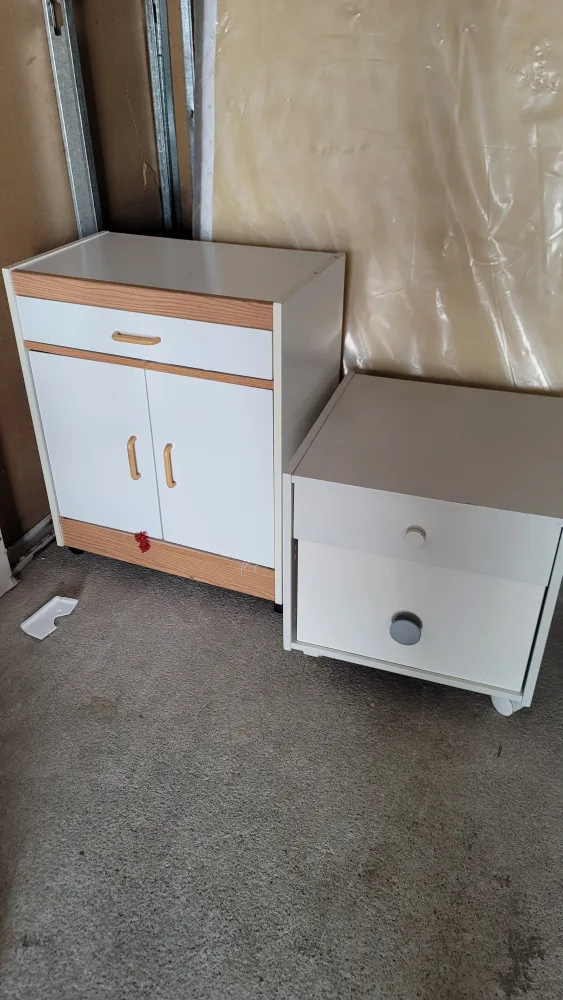 White and Woodgrain Cabinet with Drawers and Doors thumbnail