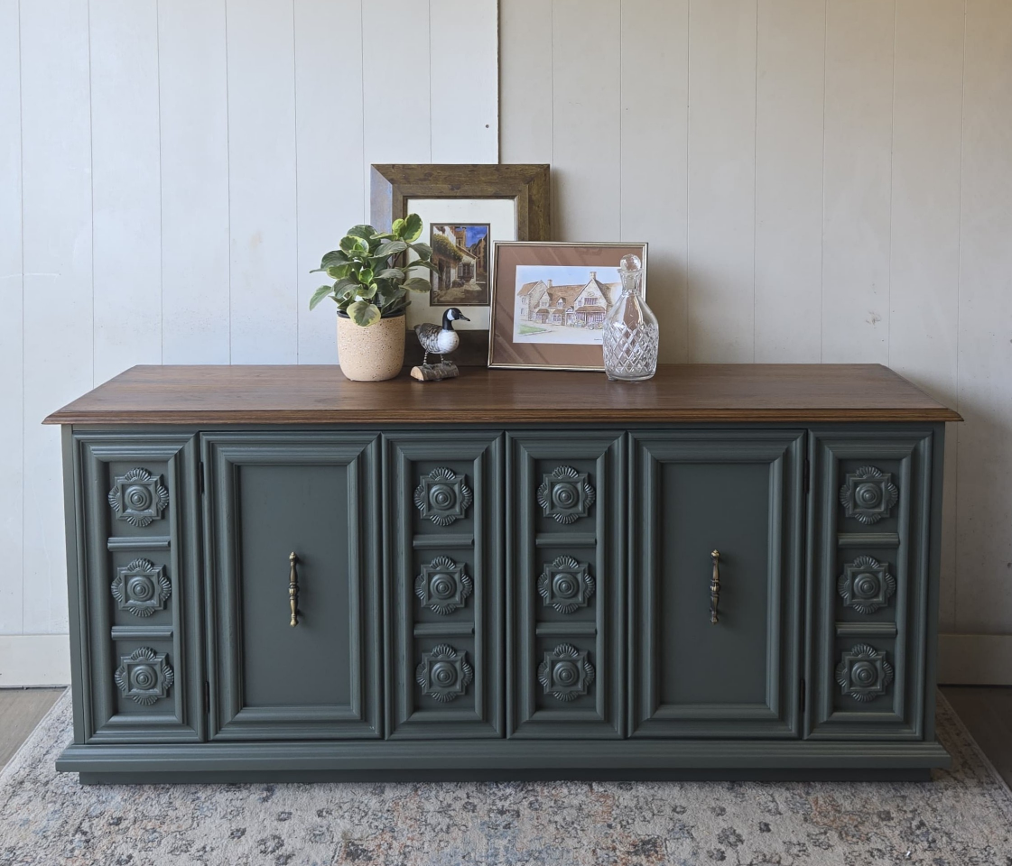 Vintage Refinished Green & Wood Buffet Sideboard