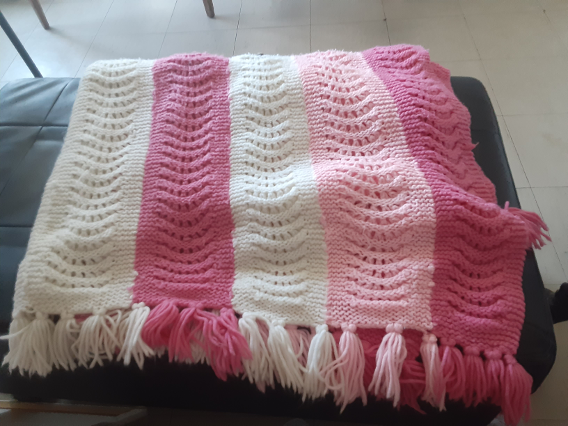 Handmade Knit Throw Blanket - Pink & White