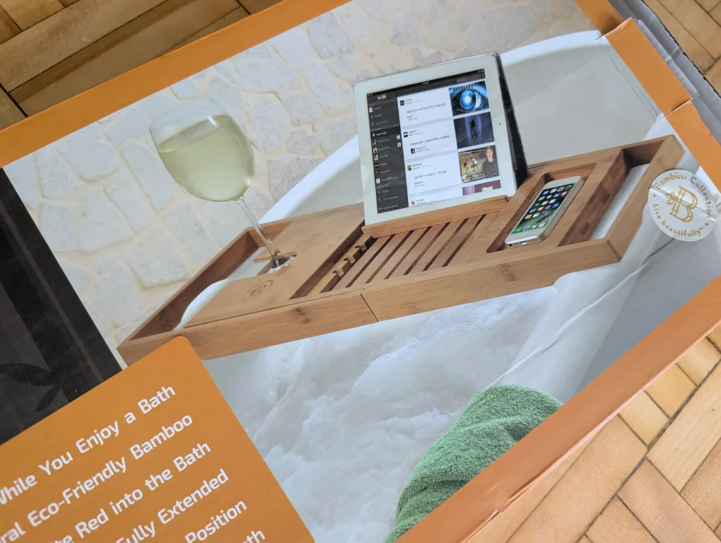 Bamboo Bathtub Caddy with Wine Glass Holder thumbnail
