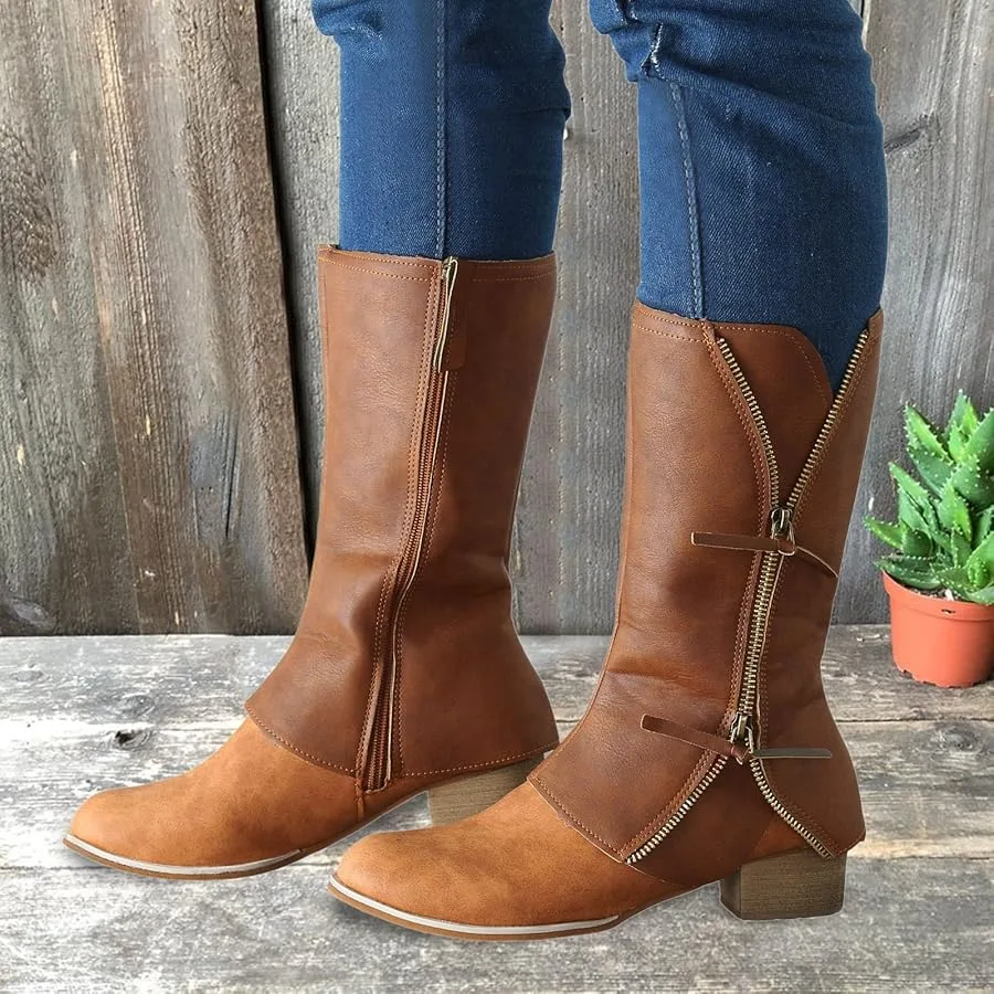 Ladies Vintage Solid Leather Double Zipper Thick Heel image indicator(2)