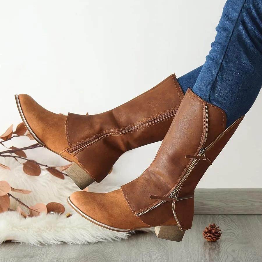 Ladies Vintage Solid Leather Double Zipper Thick Heel image indicator(3)
