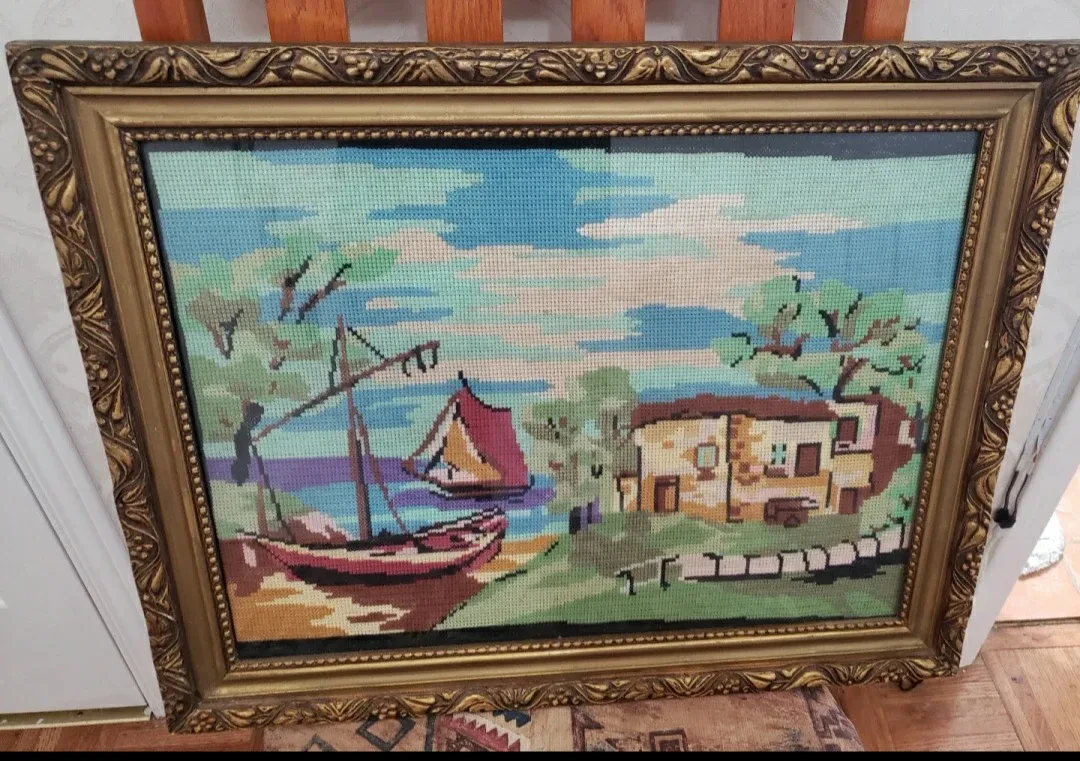 Vintage Framed Needlepoint Nautical Scene   Wall Hanging thumbnail