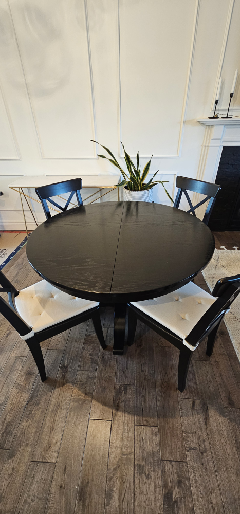 Crate and Barrel Black Round Dining Table with Chairs