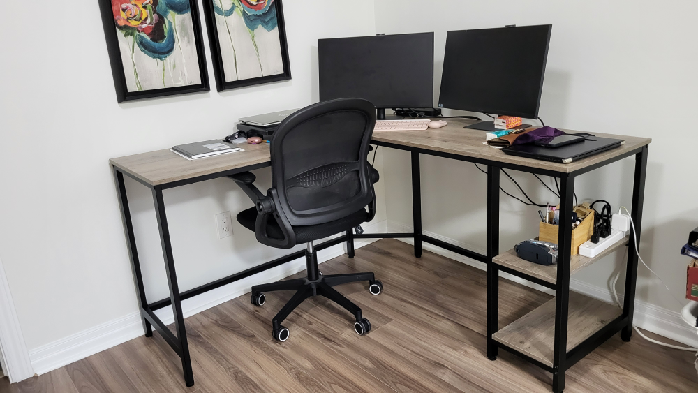 L-Shaped Computer Desk with Chair and 2 monitors