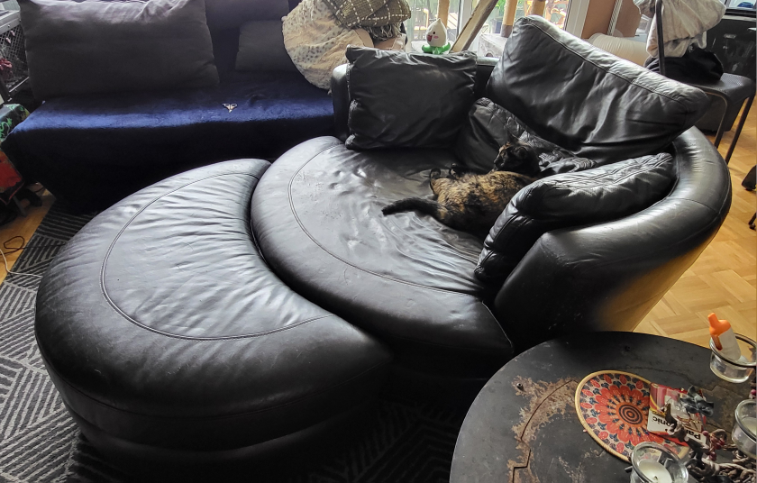 Black Leather Swivel Chair with Ottoman