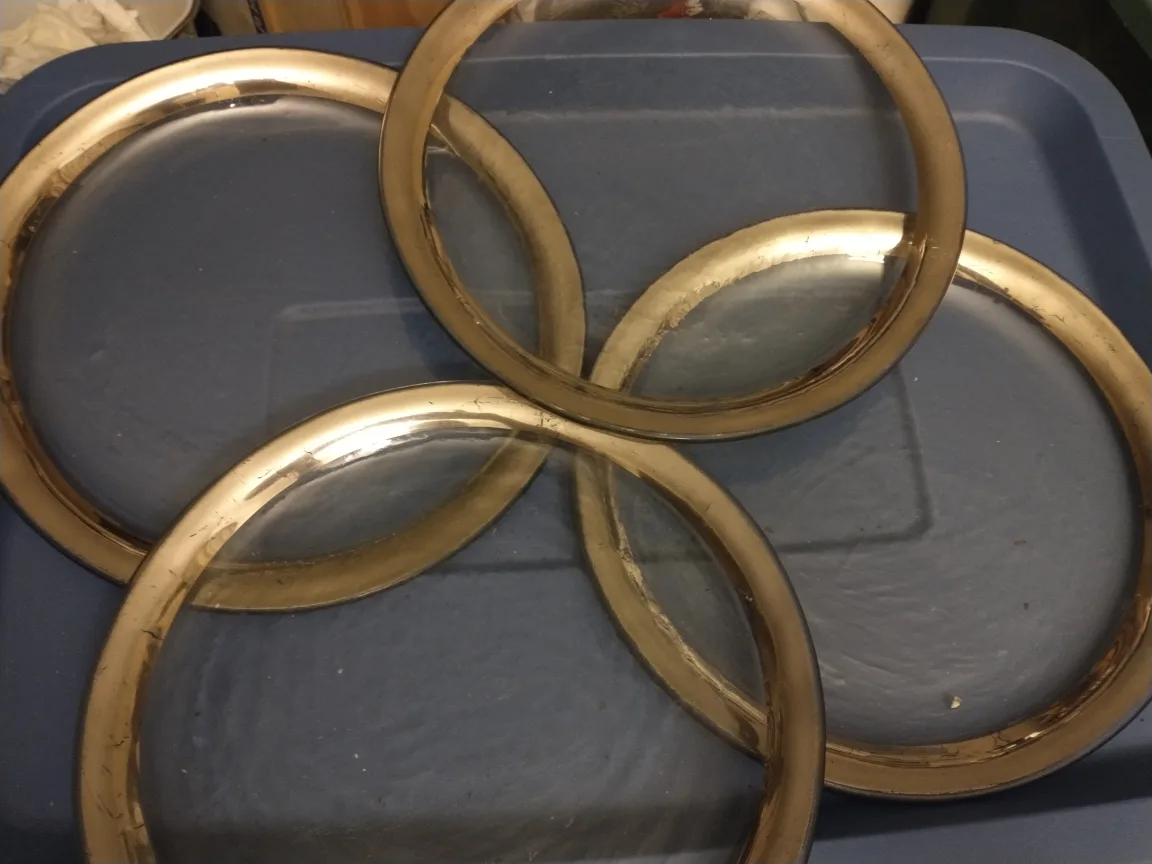 FOUR GOLD RIMMED CLEAR HANDMADE GLASS PLATES thumbnail