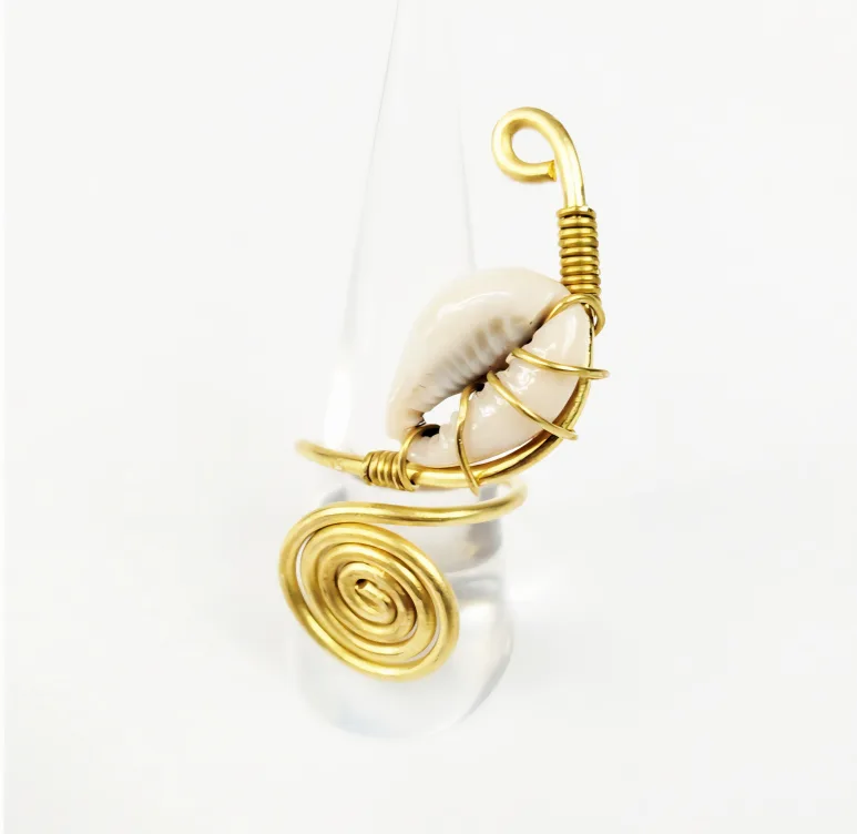 Adjustable African Ring with Cowrie Shell and Swirl Design image indicator(2)