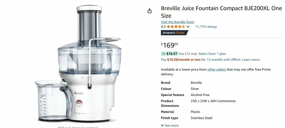 Breville Juice Fountain Compact BJE200XL - Like New! thumbnail