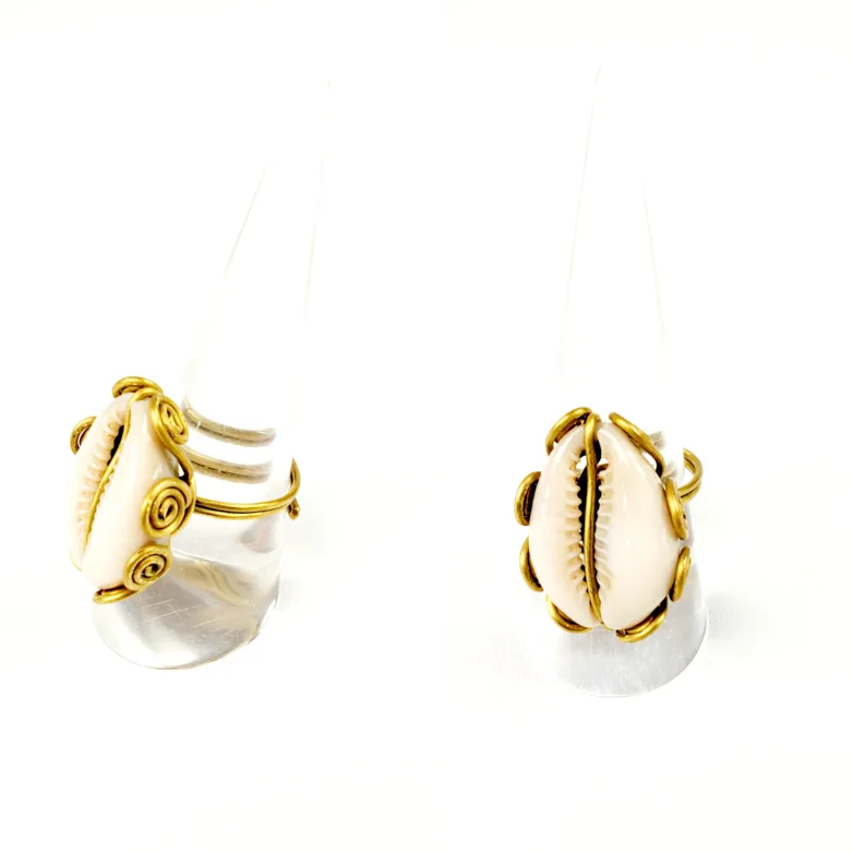Adjustable Handmade African Brass Ring  Featuring a Cowrie Shell image indicator(2)