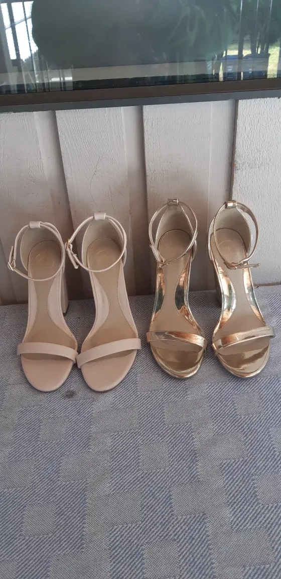 Block Heels, Beige and Metallic Gold thumbnail