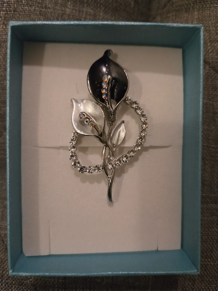 Flower Brooch with Rhinestones, New in Box thumbnail