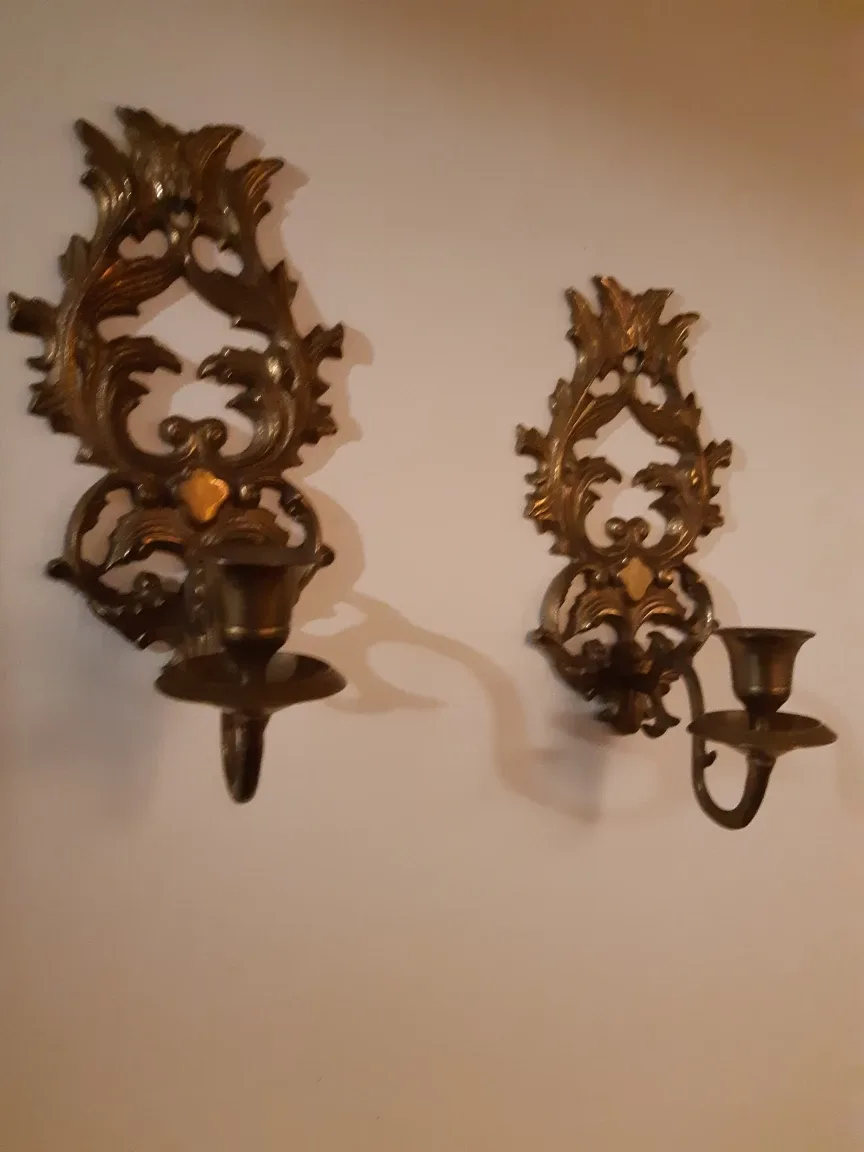Pair of Ornate Brass Candle Sconces thumbnail