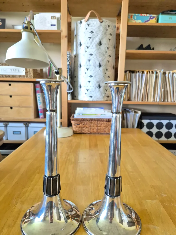 Sterling Silver Pair Tall Midcentury Modern Candlesticks (READ) image indicator(7)