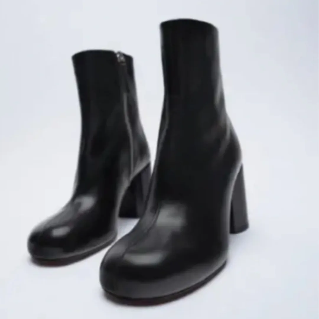 NEW Zara Black Leather Heeled Ankle Boots - Size 6.5/24cm/37 thumbnail