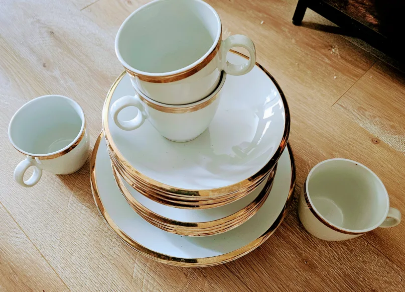 White Dinner set with Tea Cup & Saucer Set with Gold Trim thumbnail