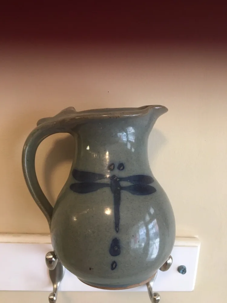 Handmade Pottery Pitcher with Dragonfly Design thumbnail