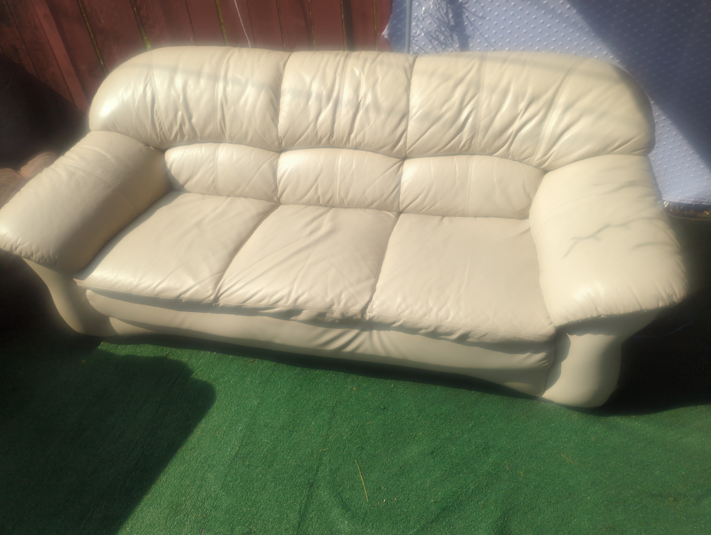 Cream Leather Three-Seat Sofa