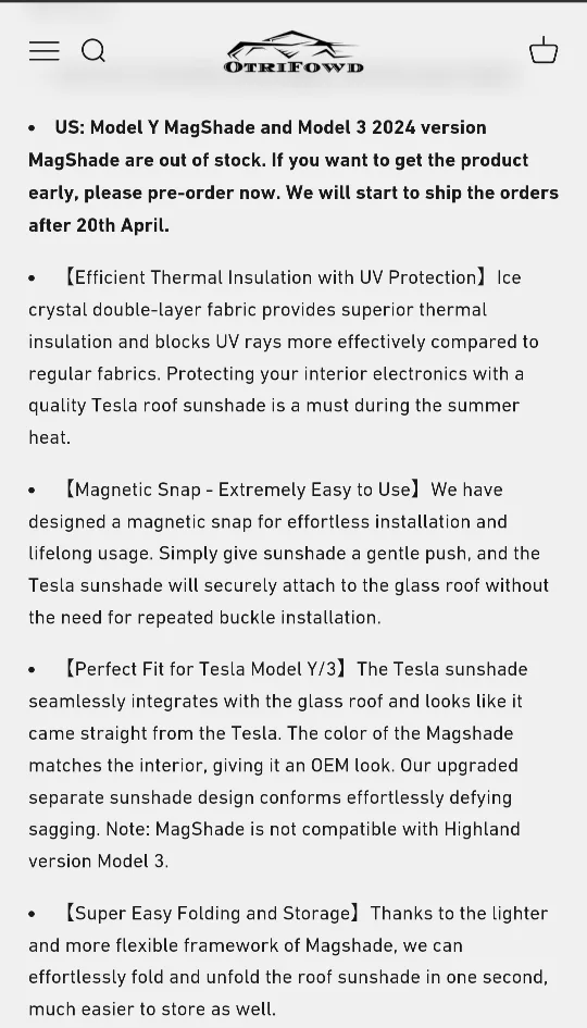 Tesla model Y roof shade for sale image indicator(2)
