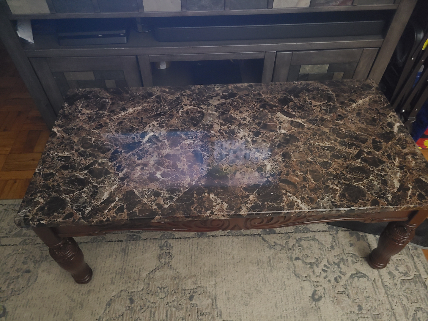 Dark Brown Wood Coffee Table with Marble Top