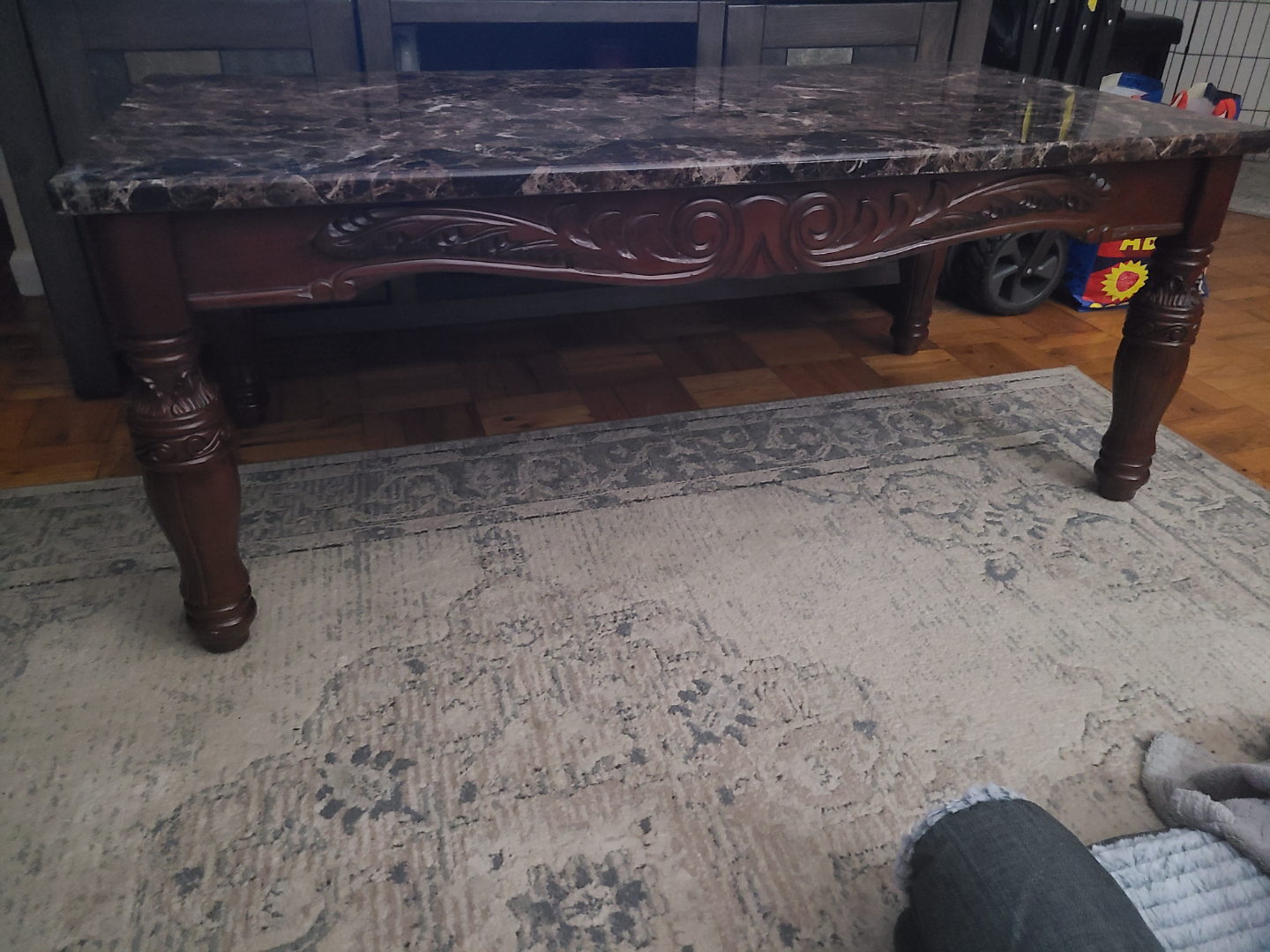 Dark Brown Wood Coffee Table with Marble Top - photo 2